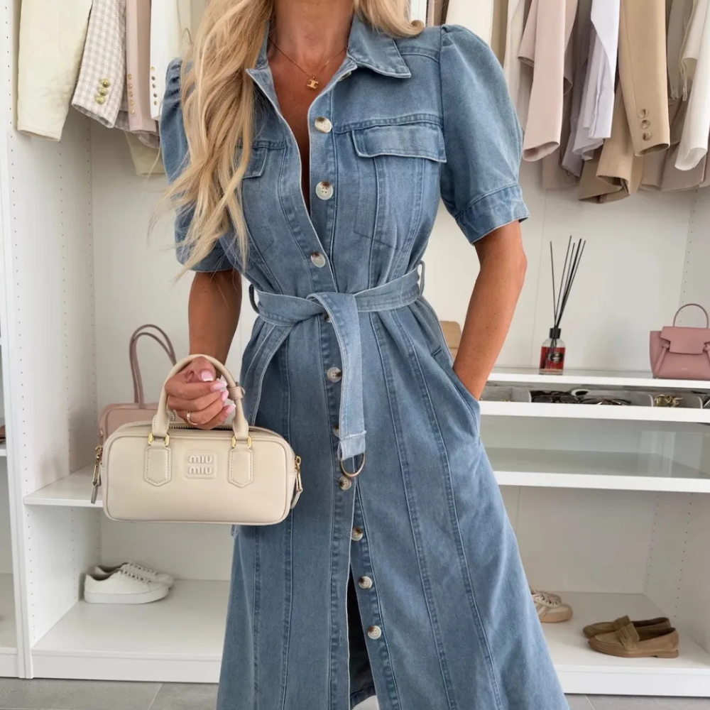 Anna Women’s Denim Dress – Button Down Midi Dress with Relaxed Fit & Breathable Fabric