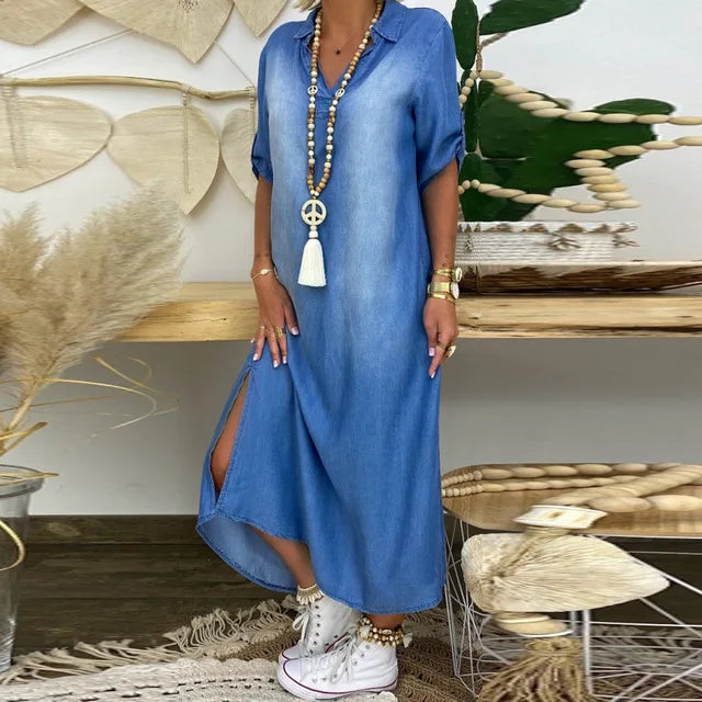 Lhea Women’s Denim Maxi Dress – Loose Fit Short Sleeve Side Split Casual Chic