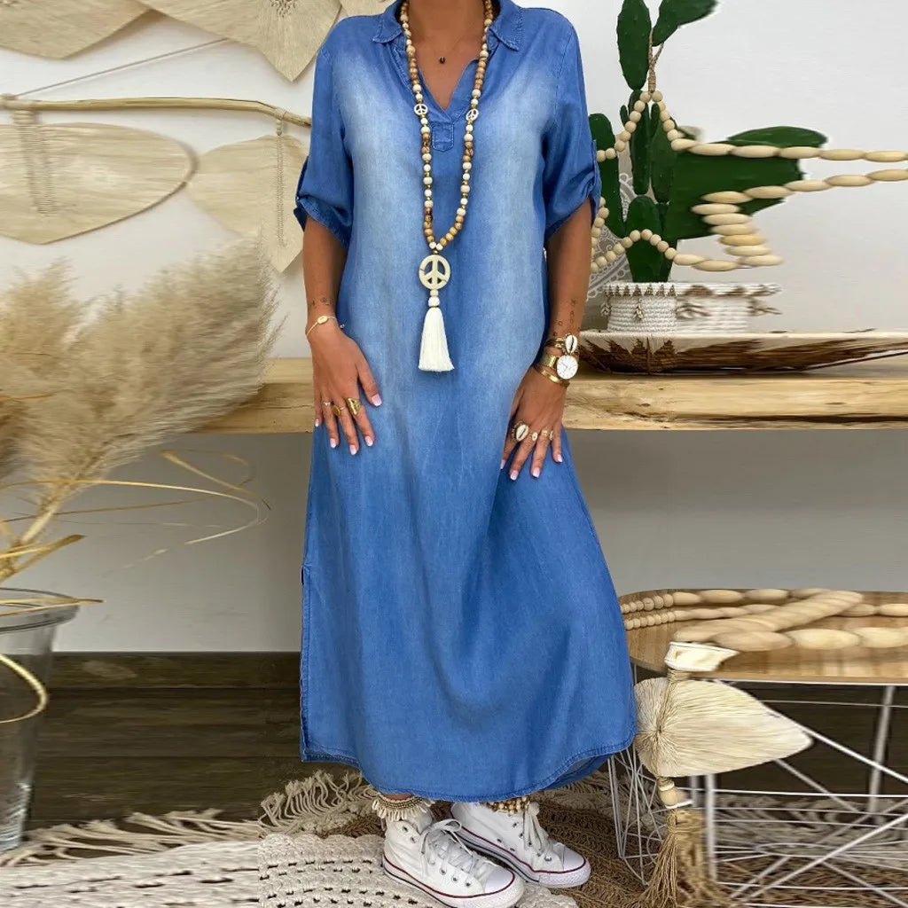 Lhea Women’s Denim Maxi Dress – Loose Fit Short Sleeve Side Split Casual Chic