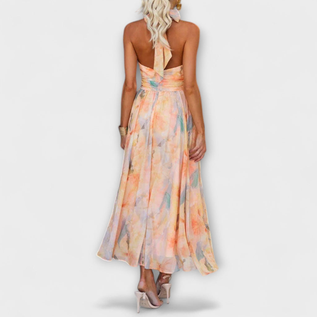 Sari Women’s Halter Maxi Dress – Open Back Floral Print Lightweight Summer Fit