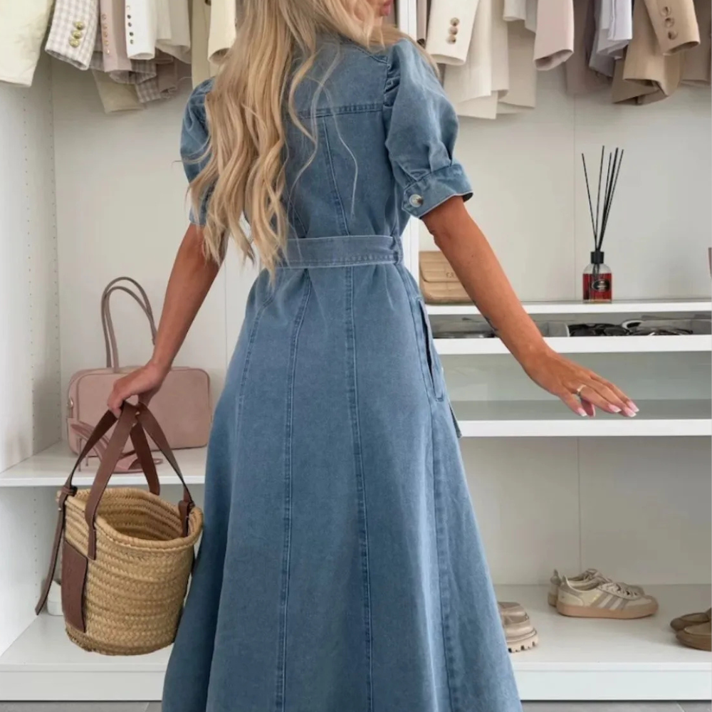 Anna Women’s Denim Dress – Button Down Midi Dress with Relaxed Fit & Breathable Fabric