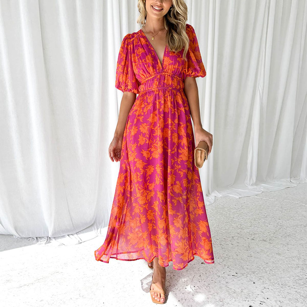 Nalia Women’s Maxi Dress – Floral V-Neck Elastic Waist Lightweight Summer Fit