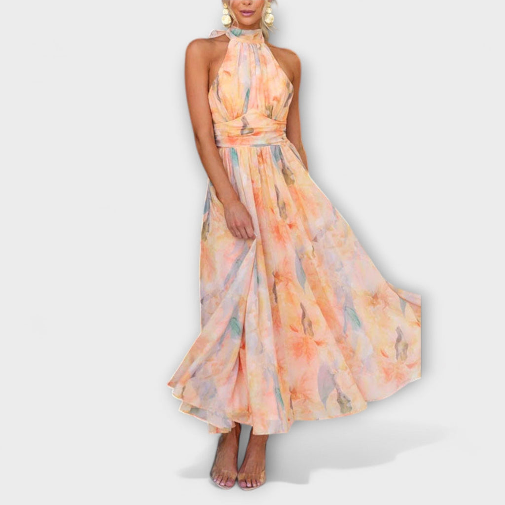 Sari Women’s Halter Maxi Dress – Open Back Floral Print Lightweight Summer Fit