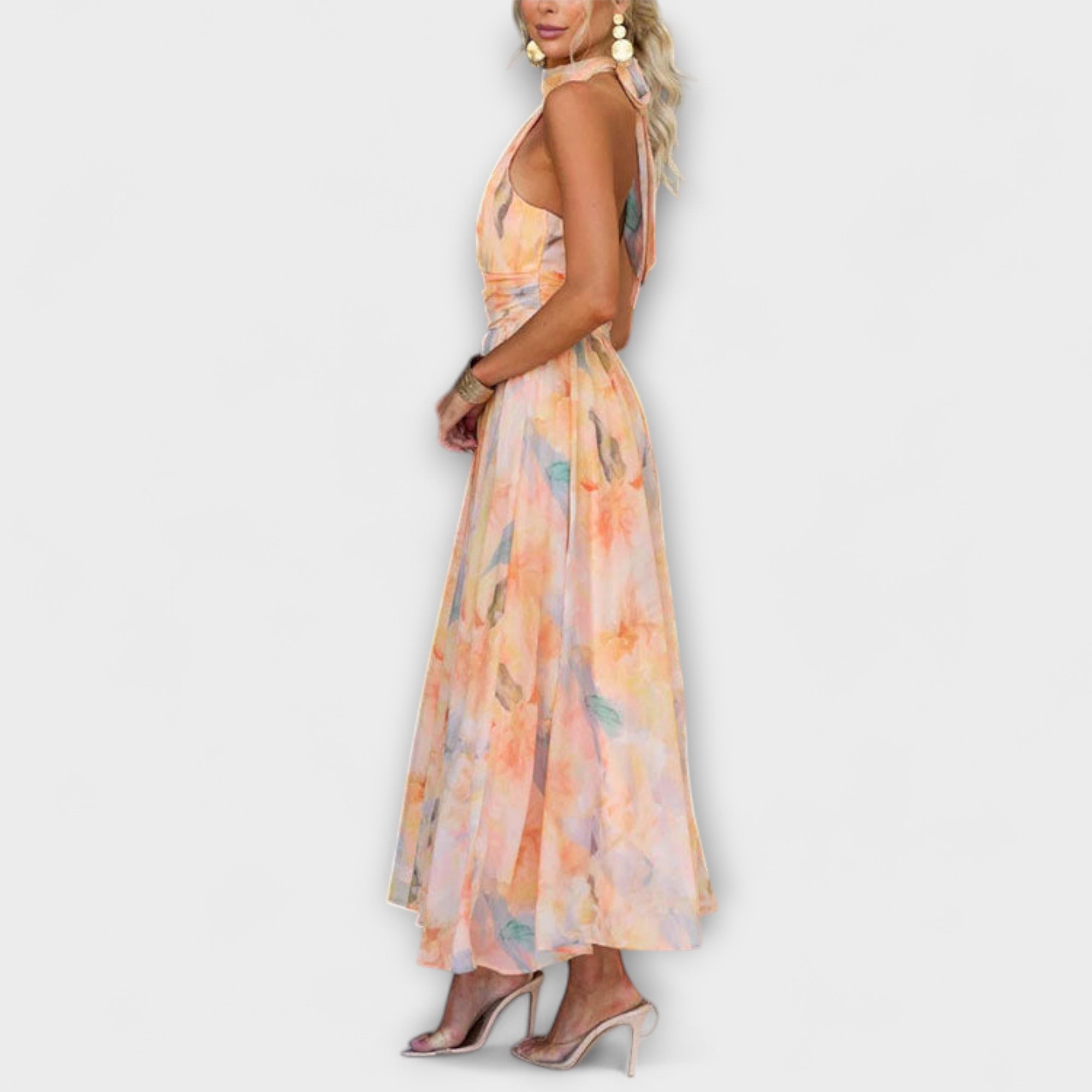 Sari Women’s Halter Maxi Dress – Open Back Floral Print Lightweight Summer Fit