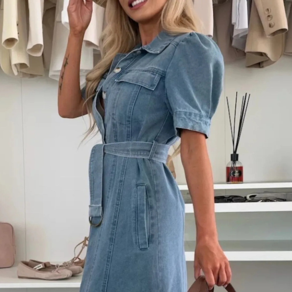 Anna Women’s Denim Dress – Button Down Midi Dress with Relaxed Fit & Breathable Fabric