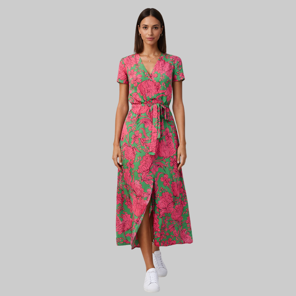 Elodie Women’s Summer Dress – Cotton Linen V-Neck Pleated Elegant Casual Fit