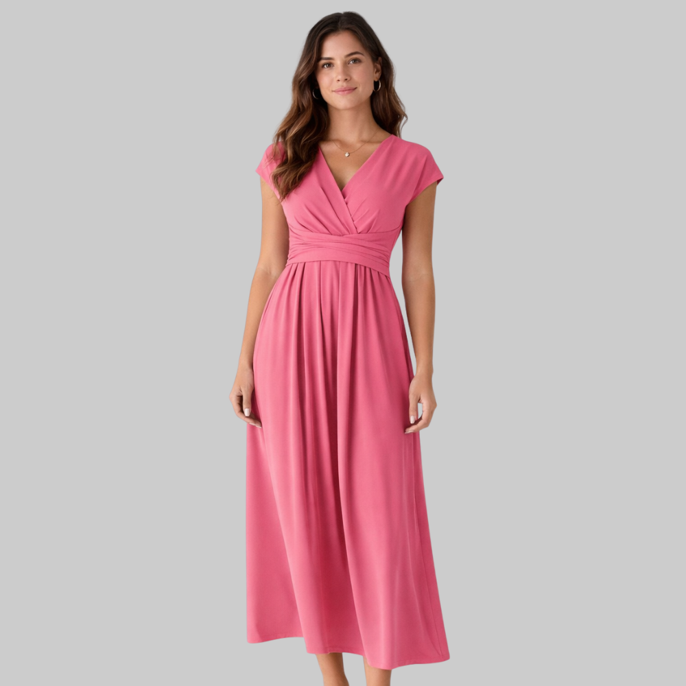 Leona Women’s Midi Dress – V-Neck Short Sleeve Lightweight with Tie Back & Pockets