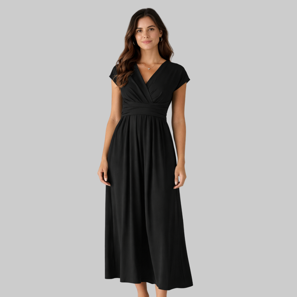 Leona Women’s Midi Dress – V-Neck Short Sleeve Lightweight with Tie Back & Pockets