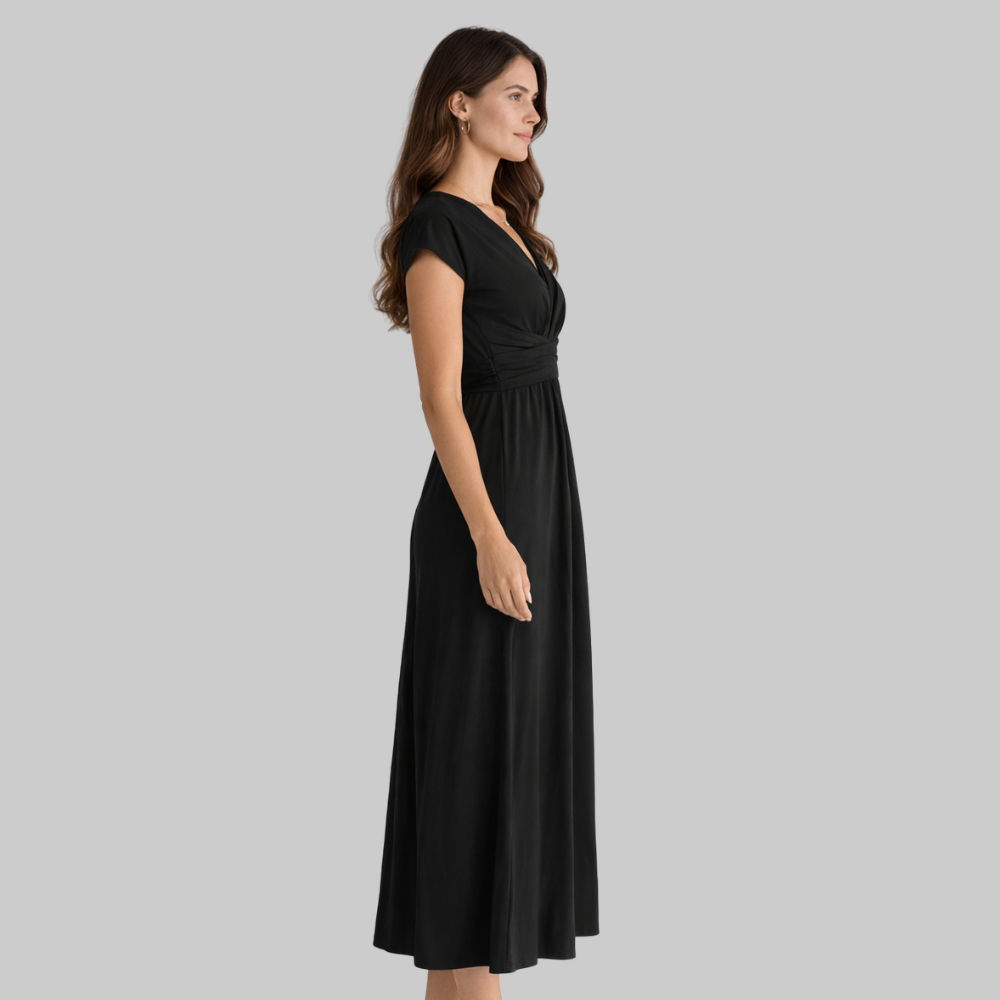 Leona Women’s Midi Dress – V-Neck Short Sleeve Lightweight with Tie Back & Pockets
