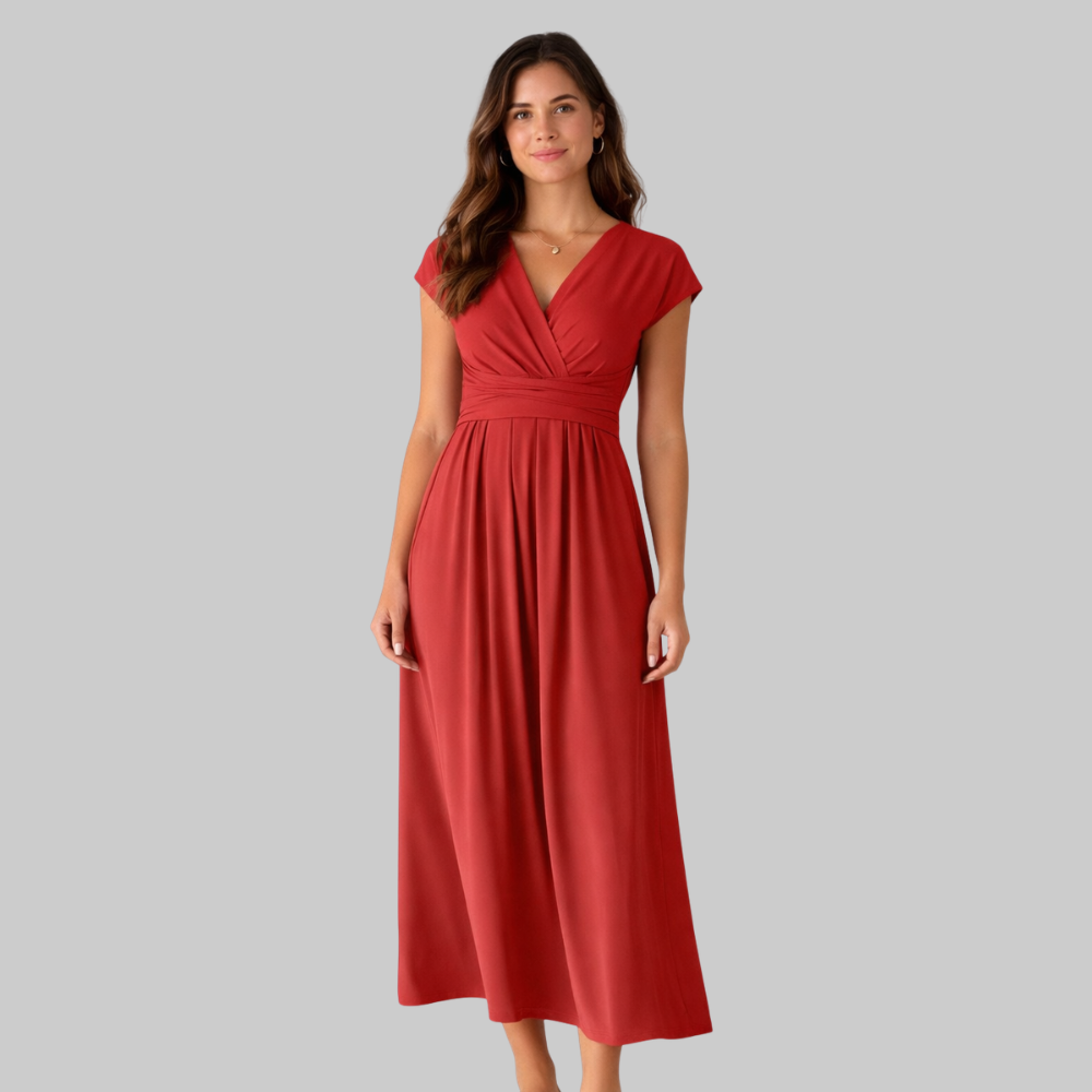 Leona Women’s Midi Dress – V-Neck Short Sleeve Lightweight with Tie Back & Pockets