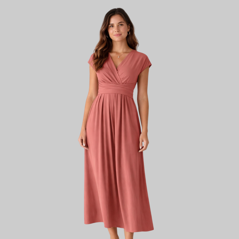Leona Women’s Midi Dress – V-Neck Short Sleeve Lightweight with Tie Back & Pockets