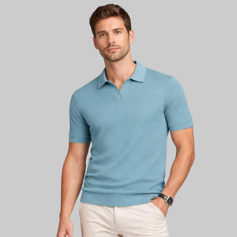 Oliver Men’s Polo Shirt – Textured Knit Open Collar Smart Casual Short Sleeve Fit