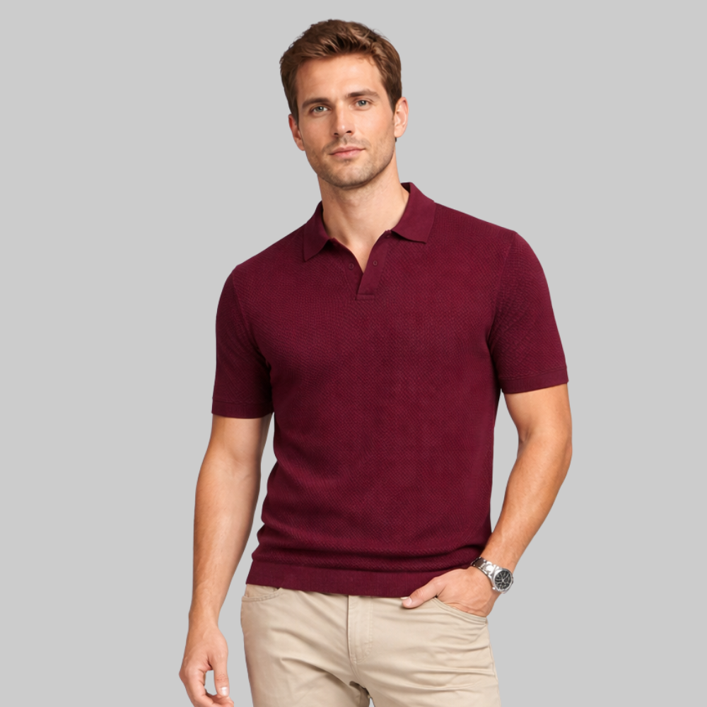 Oliver Men’s Polo Shirt – Textured Knit Open Collar Smart Casual Short Sleeve Fit