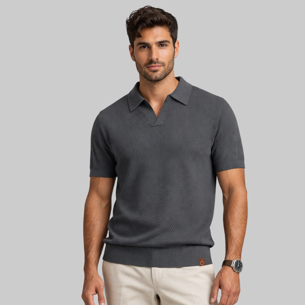 Oliver Men’s Polo Shirt – Textured Knit Open Collar Smart Casual Short Sleeve Fit
