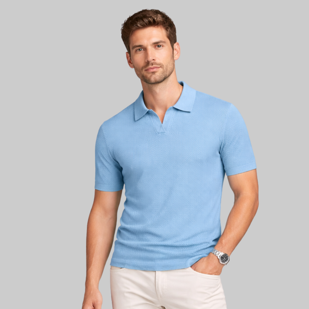 Oliver Men’s Polo Shirt – Textured Knit Open Collar Smart Casual Short Sleeve Fit