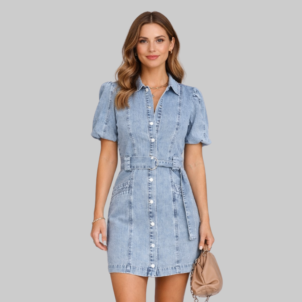Charlotte Women’s Denim Dress – Stretch Button-Down Lace-Up Waist Casual Chic Fit
