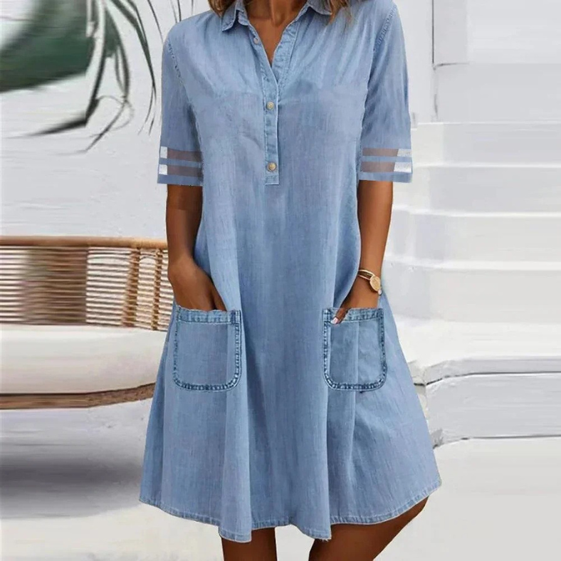 Starla Women’s Denim Dress – V-Neck Button-Down Soft Lightweight Casual Chic Fit