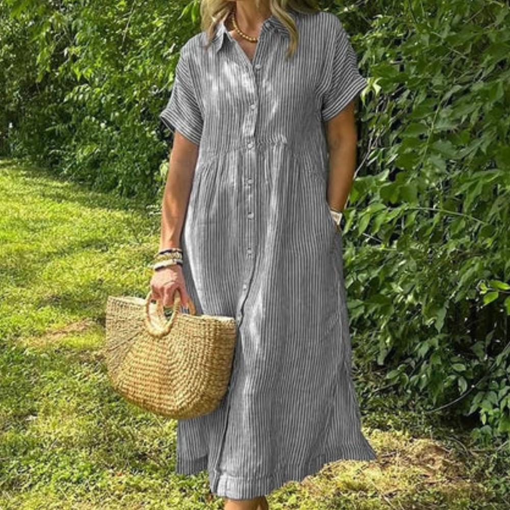 Malina Women’s Maxi Shirt Dress – Striped Button-Down Long Sleeve Elegant Fit