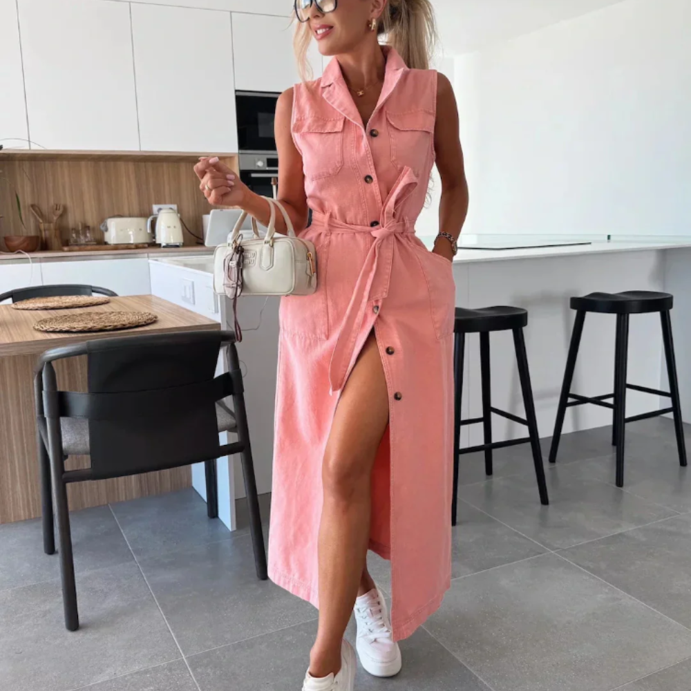 Isabelle Women’s Denim Dress – Sleeveless Button Down Midi Dress with Relaxed Fit