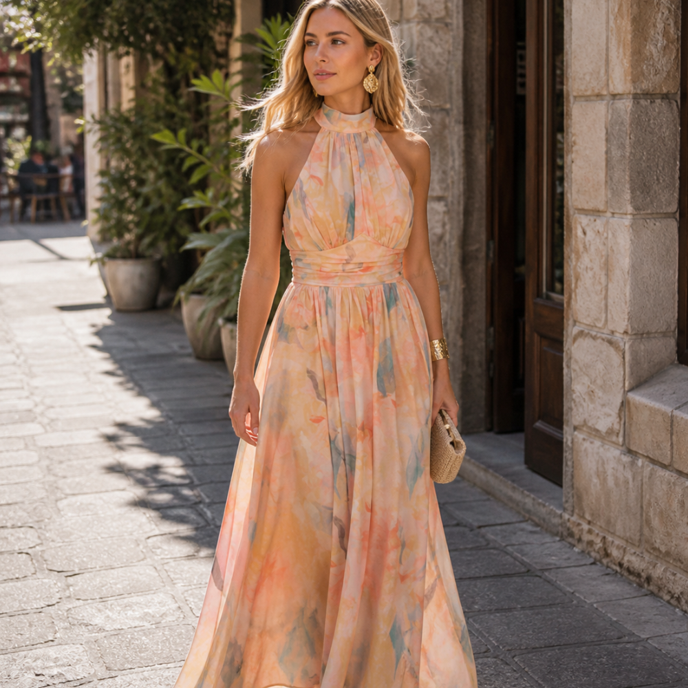 Sari Women’s Halter Maxi Dress – Open Back Floral Print Lightweight Summer Fit