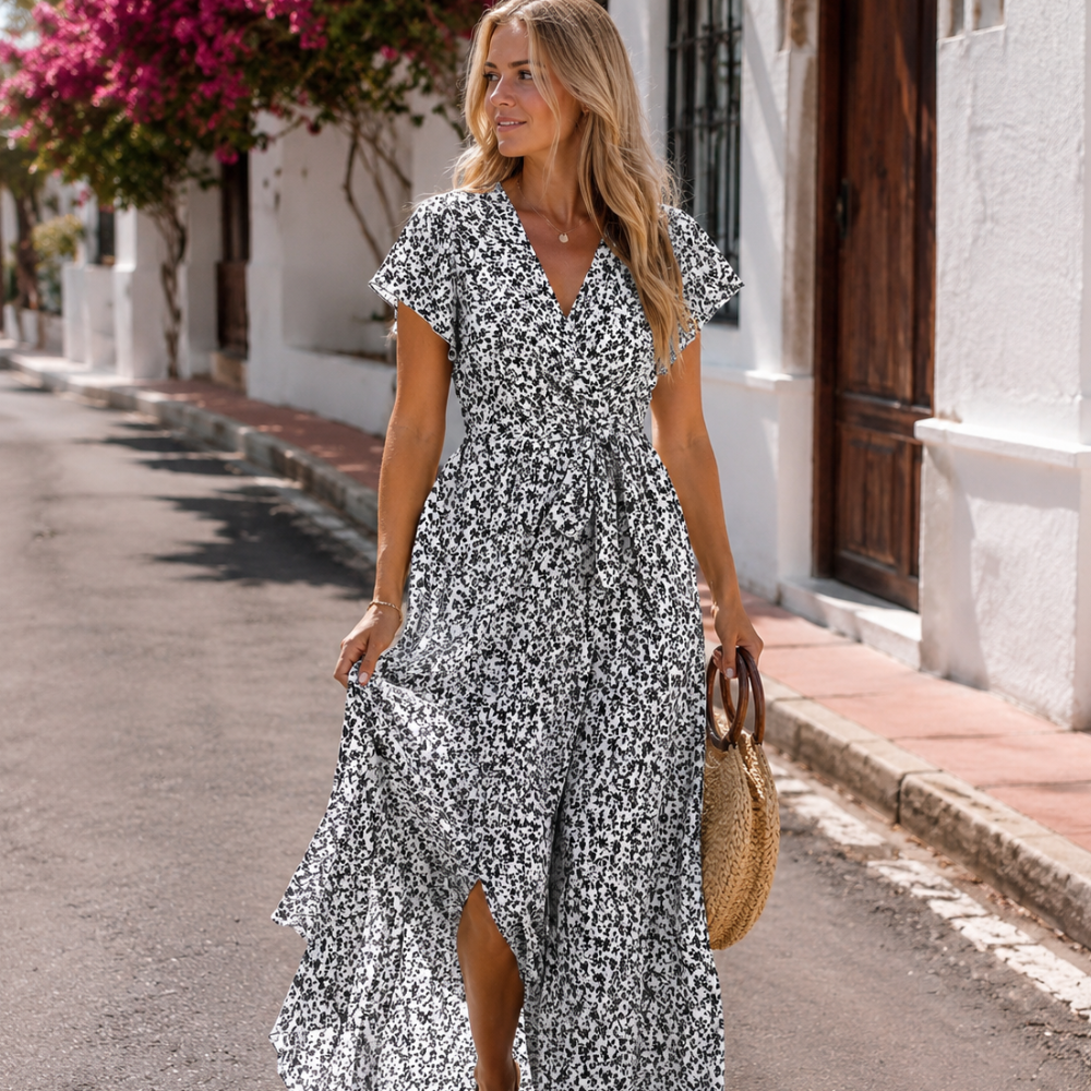 Elsa Women’s Wrap Maxi Dress – Floral V-Neck Flowing Lightweight Elegant Fit