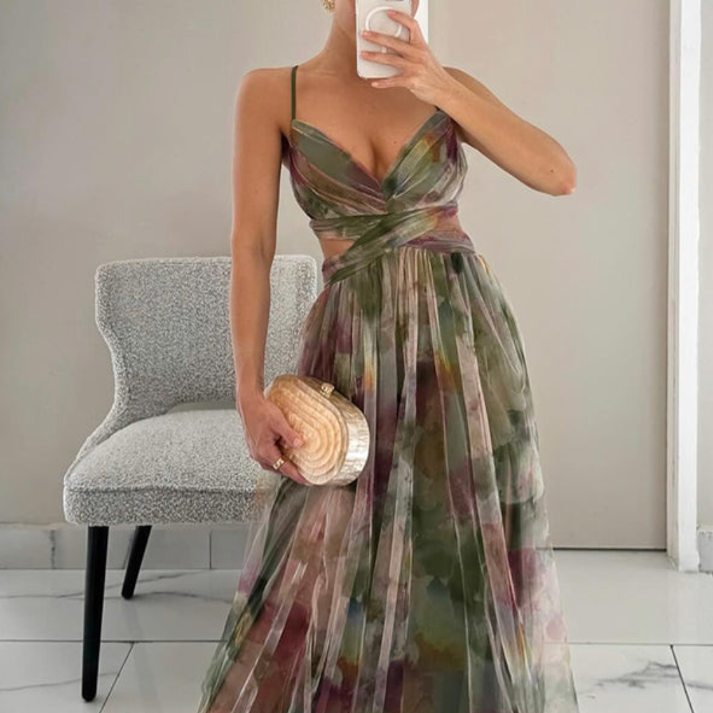 Avery Women’s Midi Dress – Vintage Print V-Neck Balloon Sleeve Elegant Fit