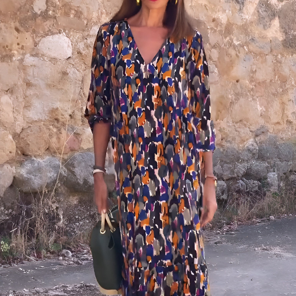 Nathalie Women’s Midi Dress – Vintage Print V-Neck Balloon Sleeve Elegant Fit