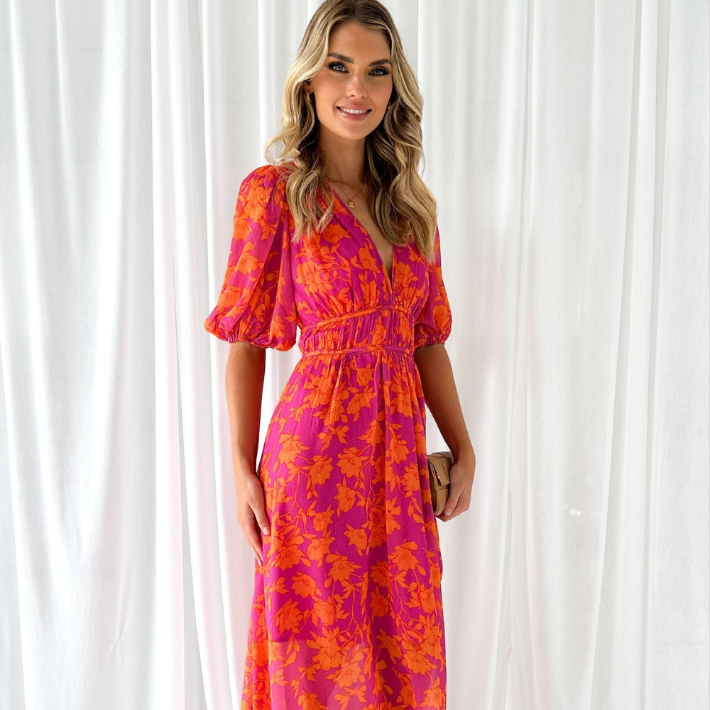 Nalia Women’s Maxi Dress – Floral V-Neck Elastic Waist Lightweight Summer Fit