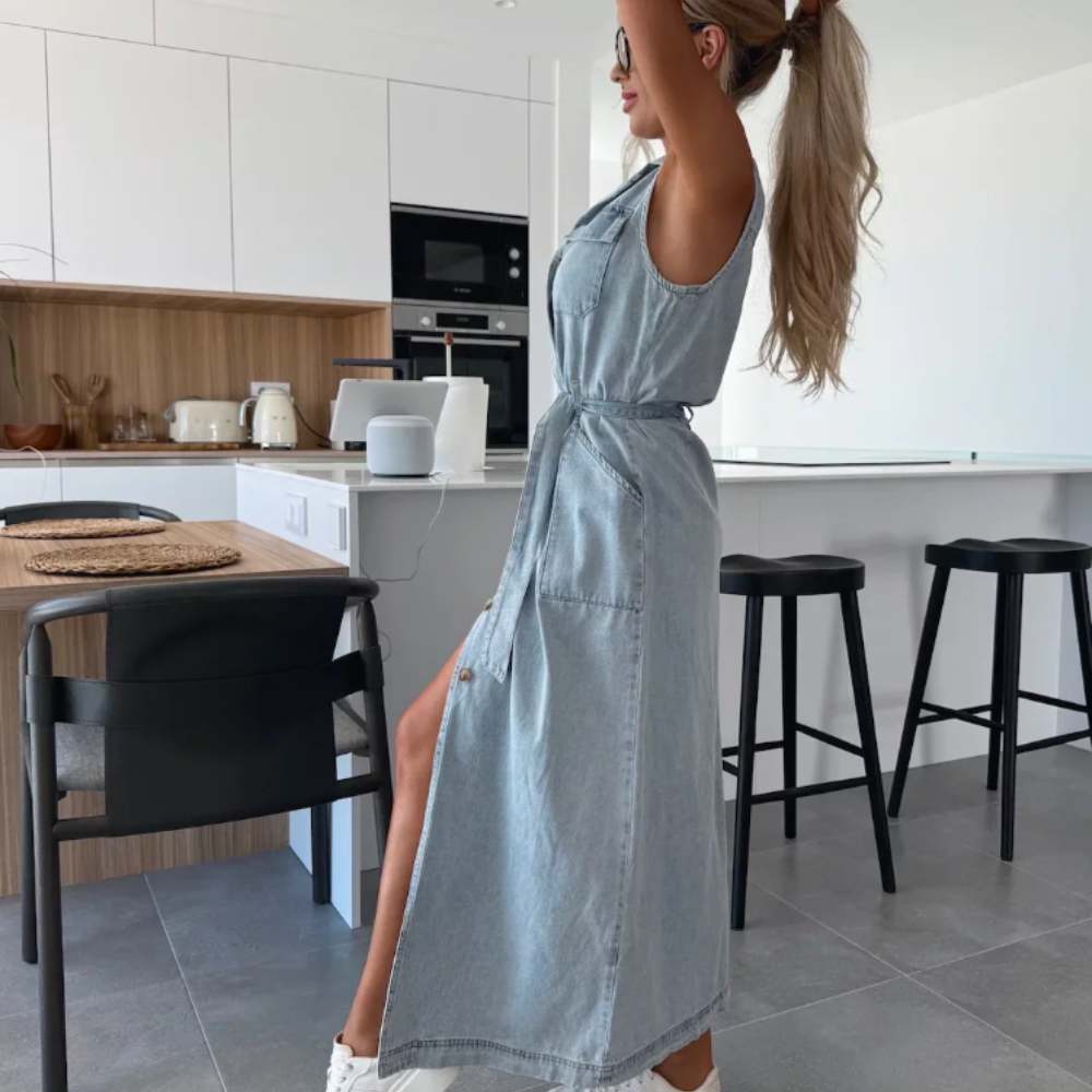Isabelle Women’s Denim Dress – Sleeveless Button Down Midi Dress with Relaxed Fit