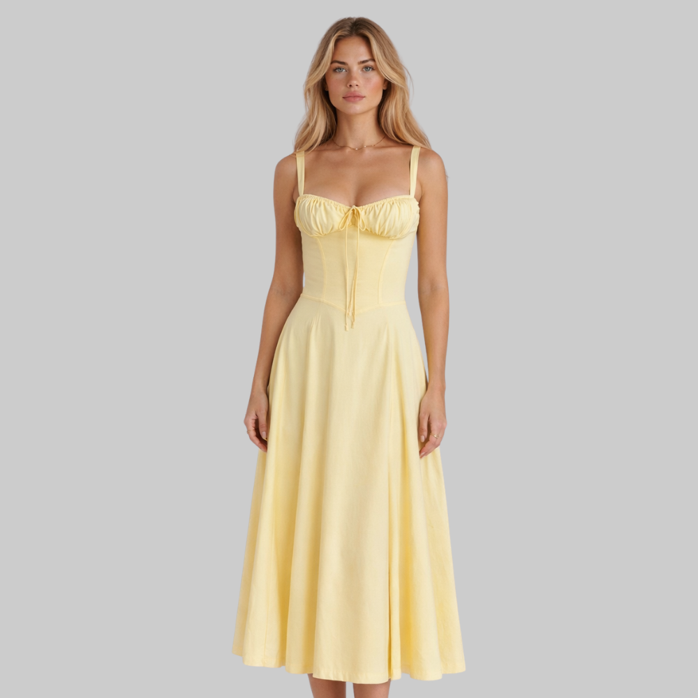 Penny Women’s Midi Dress – Corset Style Fitted Top Flowy Skirt Elegant Fit