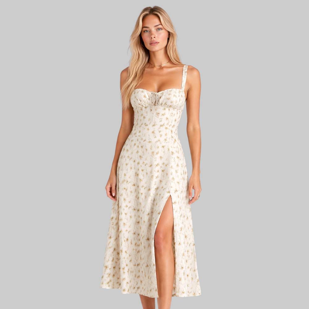 Penny Women’s Midi Dress – Corset Style Fitted Top Flowy Skirt Elegant Fit