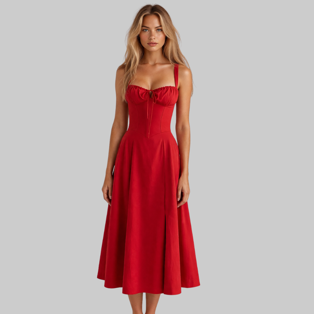 Penny Women’s Midi Dress – Corset Style Fitted Top Flowy Skirt Elegant Fit