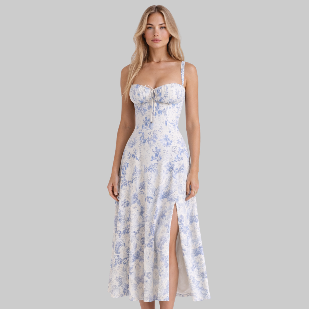 Penny Women’s Midi Dress – Corset Style Fitted Top Flowy Skirt Elegant Fit