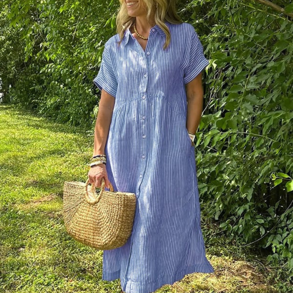 Malina Women’s Maxi Shirt Dress – Striped Button-Down Long Sleeve Elegant Fit