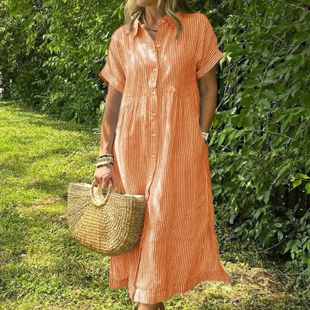 Malina Women’s Maxi Shirt Dress – Striped Button-Down Long Sleeve Elegant Fit