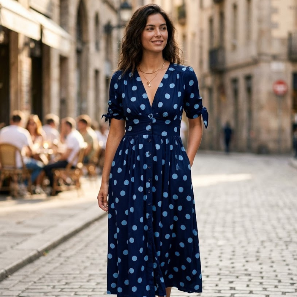 Renee Women’s Midi Dress – Polka Dot V-Neck A-Line Cotton Blend Summer Dress