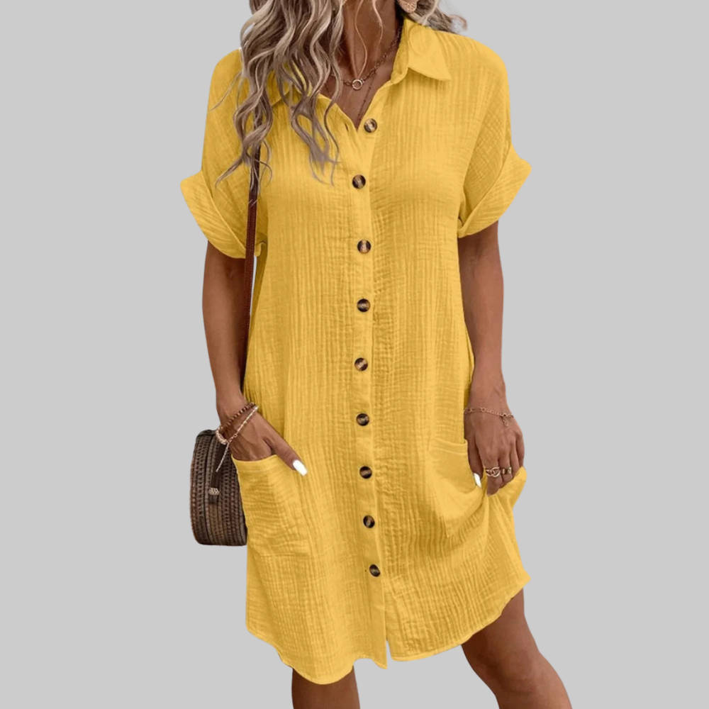 Rowie Women’s Summer Dress – Vintage V-Neck Cotton Linen Mini with 3/4 Sleeves
