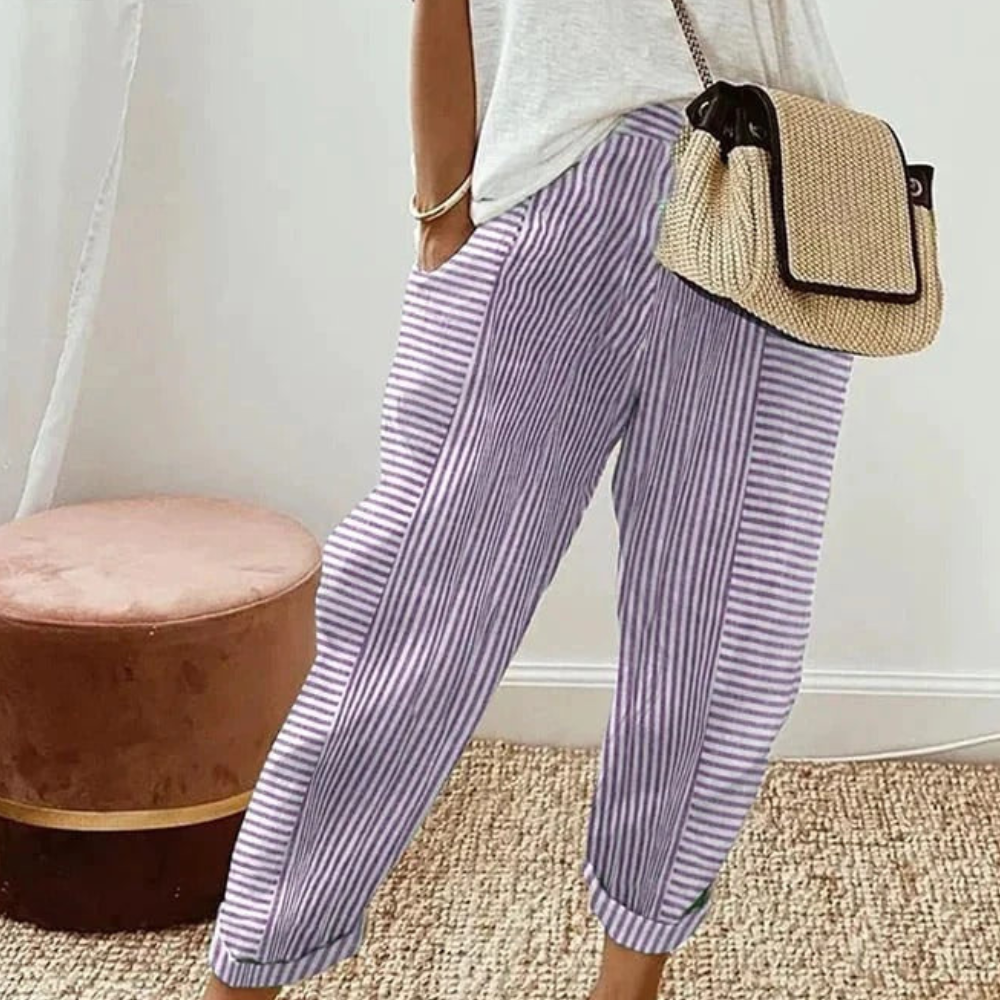Lore Women’s Striped Trousers – Lightweight Elastic Waist Breathable Casual Fit
