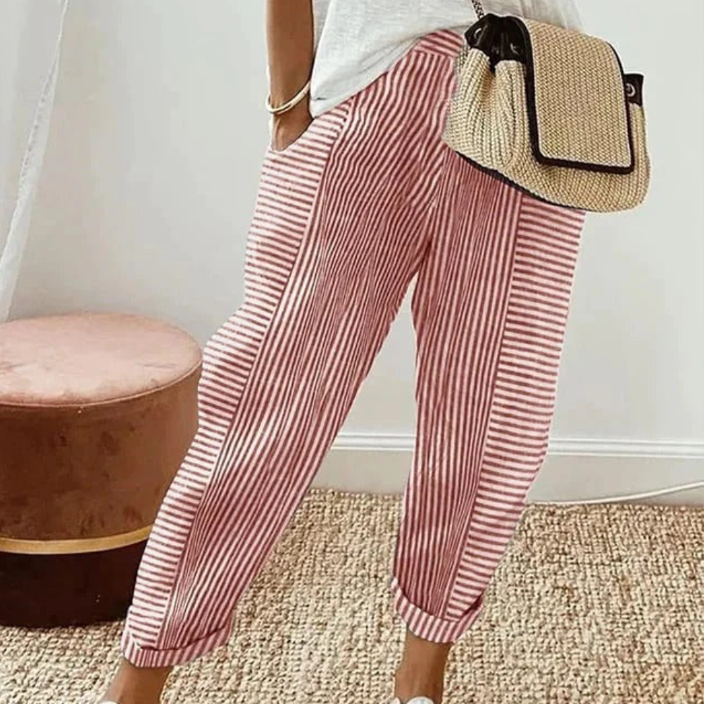 Lore Women’s Striped Trousers – Lightweight Elastic Waist Breathable Casual Fit